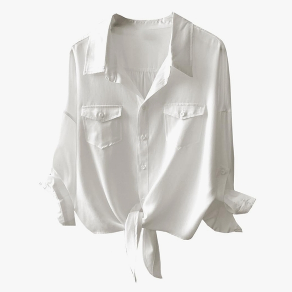 White Lycocell Flowy Button Down Tie Front Shirt - Picture 1 of 6